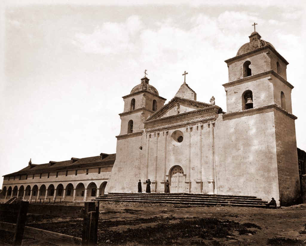 Black and white photo of the Santa Barbara mission.